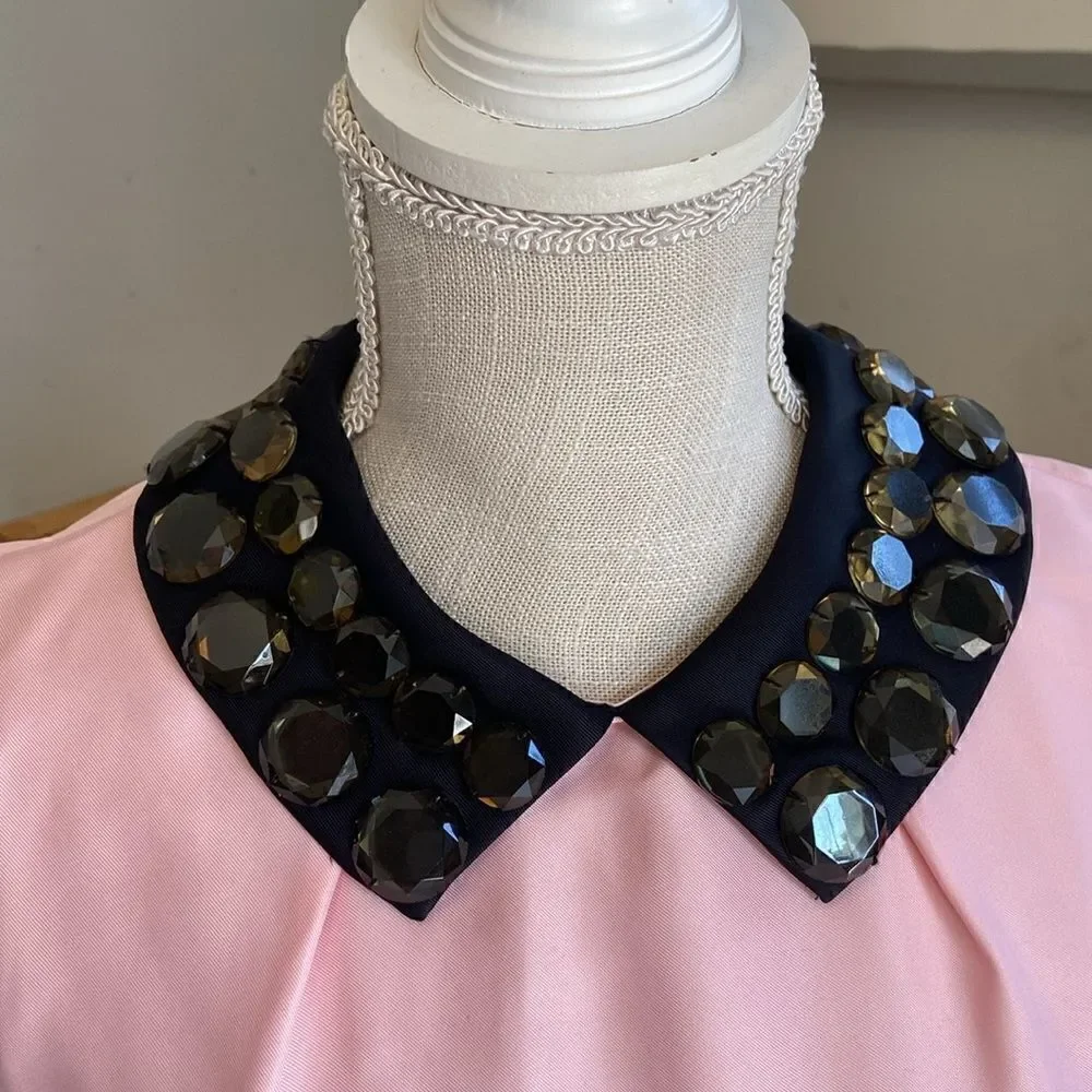 Kate Spade Pink & Black Jeweled Embellished Chic Peter Pan Collar Blouse Size 6